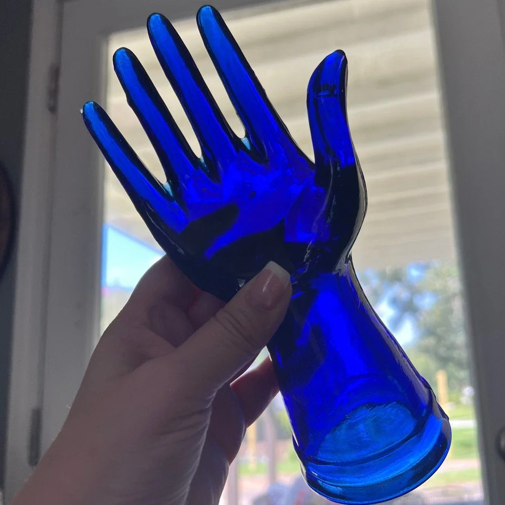 Vintage Cobalt Blue Glass Hand Ring Display Jewelry Holder 8 Inch